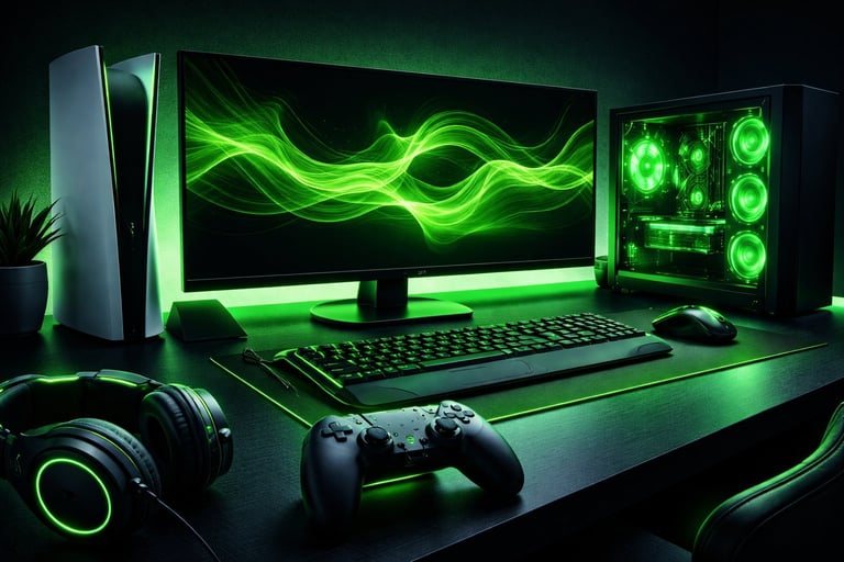 Gaming setup with glowing green neon lighting featuring curved monitor, gaming PC case with RGB fans, keyboard, mouse, headphones, and gaming controller